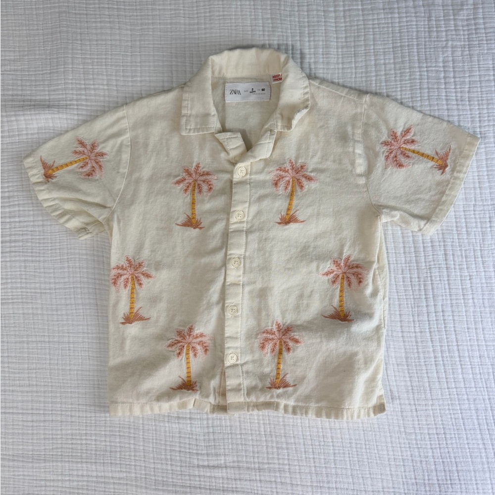Zara Toddler Boy’s Palm Tree Embroidered Short Sleeve Button Down 2T